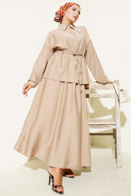 Pazarium - Beli Tünelli Etekli İkili Takım Latte