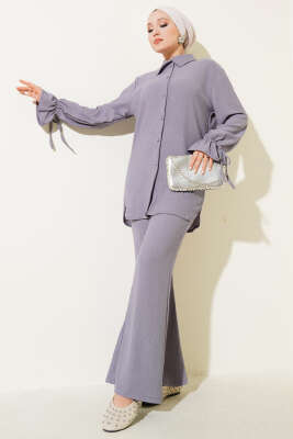 Top Düğmeli Bürümcük İkili Takım Gri - Thumbnail