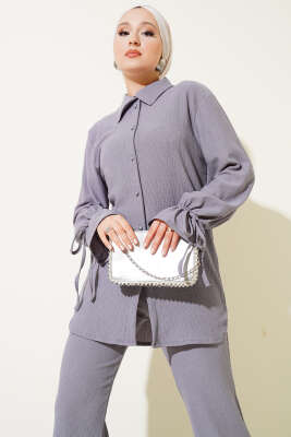 Top Düğmeli Bürümcük İkili Takım Gri - Thumbnail