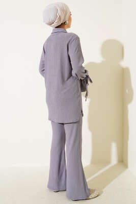 Top Düğmeli Bürümcük İkili Takım Gri - Thumbnail