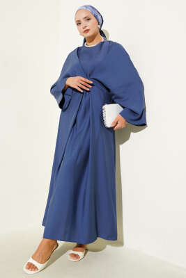 Pazarium - İp Bağcık Detaylı Salaş Elbise İndigo