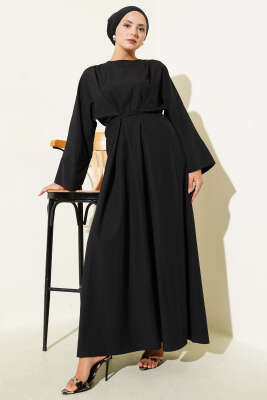Pazarium - Bel İpli Oversize Basic Elbise Siyah