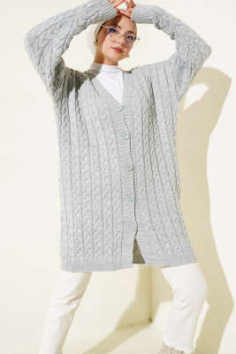 Uzun Düğmeli Örgü Triko Hırka Gri - Thumbnail