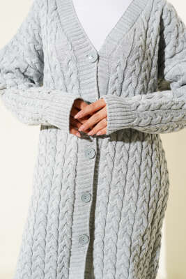 Uzun Düğmeli Örgü Triko Hırka Gri - Thumbnail