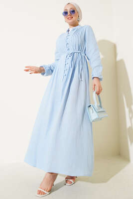 Pazarium - Pileli Düğme Detaylı Elbise Mavi