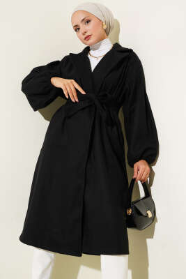 Pazarium - Bilekleri Lastikli Kaşe Kaban Siyah