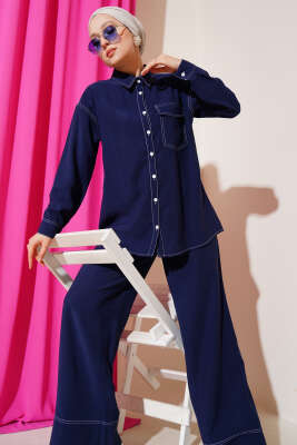 Pazarium - Gömlek Yaka Tek Cepli İkili Takım Lacivert