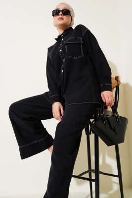 Pazarium - Gömlek Yaka Tek Cepli İkili Takım Siyah
