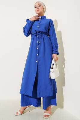 Pazarium - Bel Tünelli Yan Yırtmaçlı Uzun Tunik İkili Takım Saks