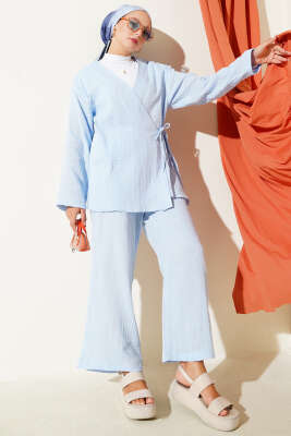 Pazarium - Önü Bağlamalı Müslin İkili Takım Mavi