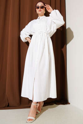 Pazarium - Önü Nervürlü İp Kuşaklı Elbise Beyaz