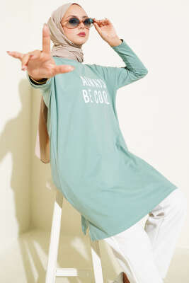 Pazarium - Always Be Cool Baskılı Tunik Çağla Yeşili