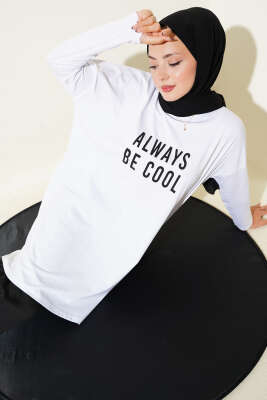 Pazarium - Always Be Cool Baskılı Tunik Beyaz
