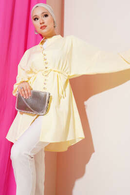 Pazarium - Taşlı Brit Düğmeli Terikoton Gömlek Sarı