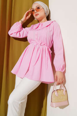 Pazarium - Bebe Yaka İp Kuşaklı Gömlek Pembe