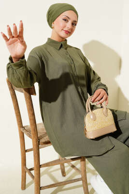 Pazarium - Gömlek Yaka Bürümcük İkili Takım Haki