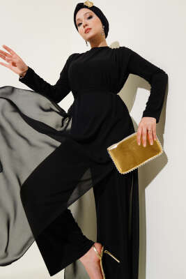 Pazarium - Belden Bağlamalı Şifon Tulum Siyah