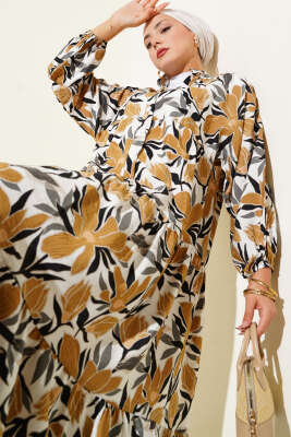 Pazarium - Hakim Yaka Floral Desenli Elbise Hardal