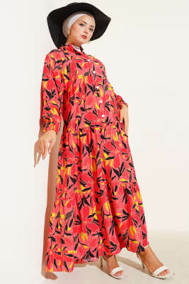 Pazarium - Hakim Yaka Floral Desenli Elbise Alizarin