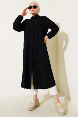 Gizli Pat Uzun Gömlek Siyah - Thumbnail