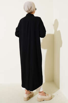 Gizli Pat Uzun Gömlek Siyah - Thumbnail