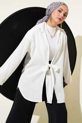 Pazarium - Önü Bağlama Detaylı Keten Kimono Beyaz