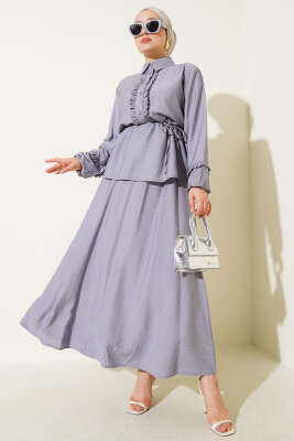 Pazarium - Yaka Fırfır Detaylı Etekli İkili Takım Gri