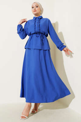 Pazarium - Yaka Fırfır Detaylı Etekli İkili Takım Saks