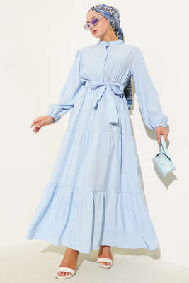 Pazarium - Hakim Yaka Gizli Düğmeli Kat Elbise Mavi