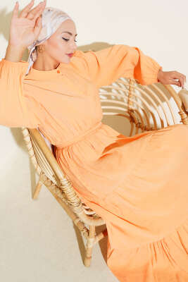 Pazarium - Hakim Yaka Gizli Düğmeli Kat Elbise Oranj