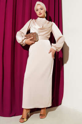 Pazarium - Degaje Yaka Saten Abiye Elbise Bej