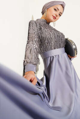 Pazarium - Pul Payet Kolları Bağlamalı Abiye Elbise Gri