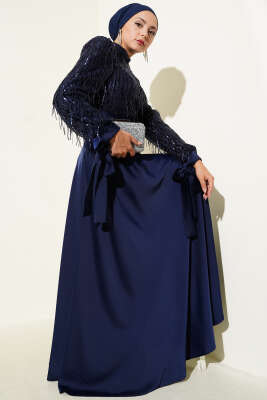 Pazarium - Pul Payet Kolları Bağlamalı Abiye Elbise Lacivert