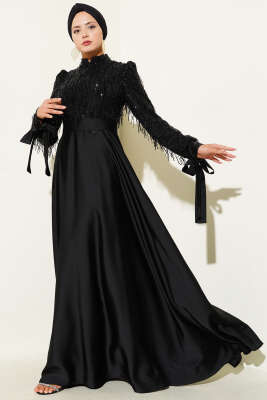 Pazarium - Pul Payet Kolları Bağlamalı Abiye Elbise Siyah