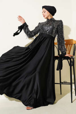 Pazarium - Pul Payet Kolları Bağlamalı Abiye Elbise Siyah Gümüş