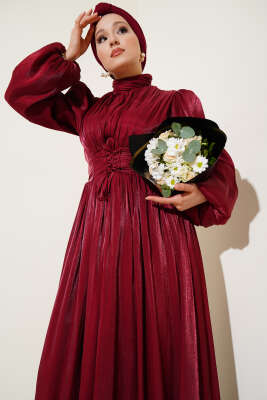 İp Bağlamalı Piliseli Abiye Elbise Bordo - Thumbnail