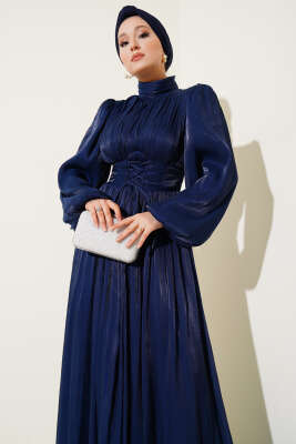 Şifon İp Bağlamalı Piliseli Abiye Elbise Lacivert - Thumbnail