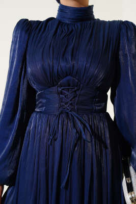 Şifon İp Bağlamalı Piliseli Abiye Elbise Lacivert - Thumbnail