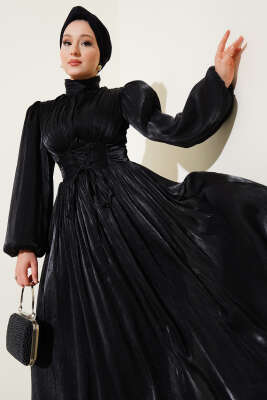 Şifon İp Bağlamalı Piliseli Abiye Elbise Siyah - Thumbnail