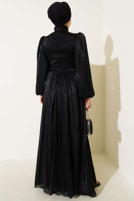 Şifon İp Bağlamalı Piliseli Abiye Elbise Siyah - Thumbnail