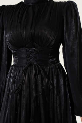 Şifon İp Bağlamalı Piliseli Abiye Elbise Siyah - Thumbnail