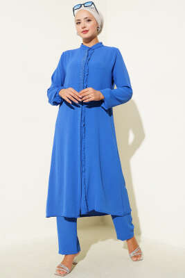 Pazarium - Önü Fırfırlı Taş Detaylı İkili Takım Saks