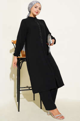 Önü Fırfırlı Taş Detaylı İkili Takım Siyah - Thumbnail