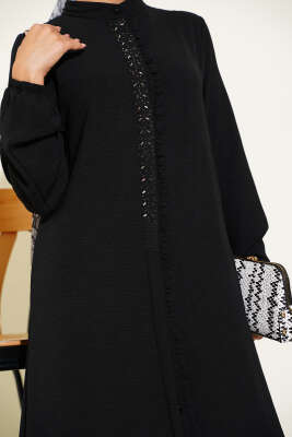 Önü Fırfırlı Taş Detaylı İkili Takım Siyah - Thumbnail