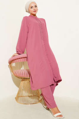 Pazarium - Önü Fırfırlı Taş Detaylı İkili Takım Gül Kurusu