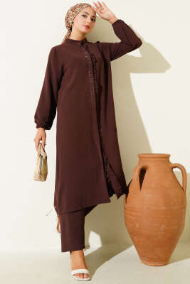 Pazarium - Önü Fırfırlı Taş Detaylı İkili Takım Kahve