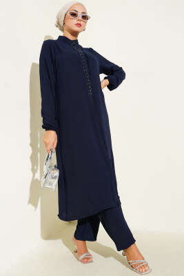 Pazarium - Önü Fırfırlı Taş Detaylı İkili Takım Lacivert