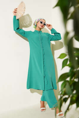 Pazarium - Önü Fırfırlı Taş Detaylı İkili Takım Yeşil