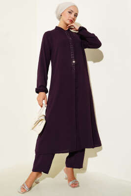 Önü Fırfırlı Taş Detaylı İkili Takım Mürdüm - Thumbnail