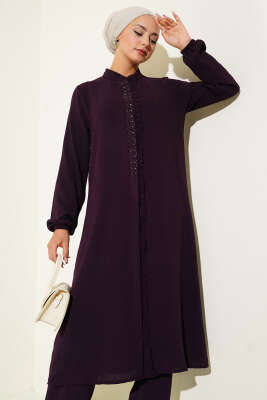 Önü Fırfırlı Taş Detaylı İkili Takım Mürdüm - Thumbnail